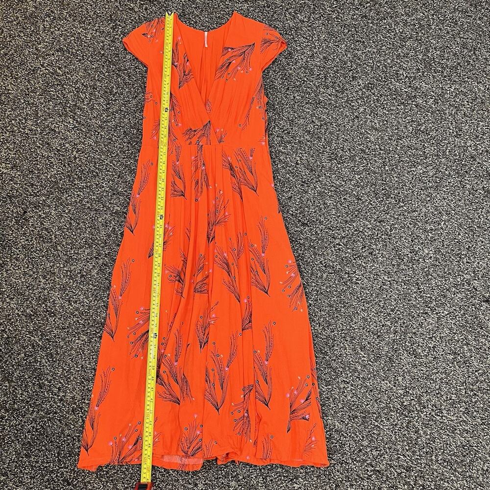 Free People Sz 10 Retro Coral Orange Floral Print Rayon Midi Dress Side Pockets - Picture 8 of 12